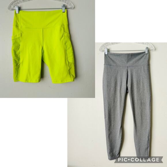 Fabletics bundle of gray leggings and neon green yellow biker shorts woman’s M - Picture 1 of 13